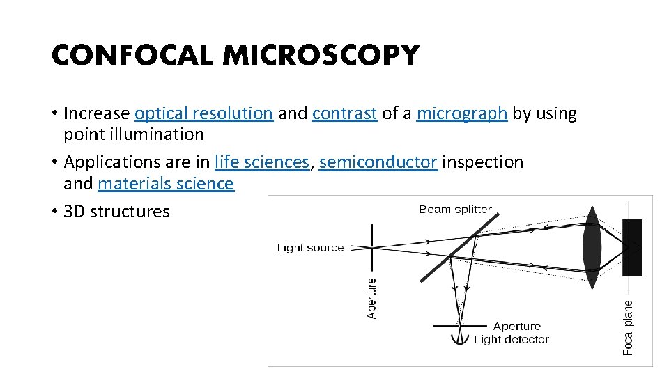CONFOCAL MICROSCOPY • Increase optical resolution and contrast of a micrograph by using point
