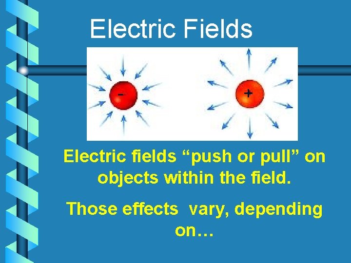 Electric Fields - + Electric fields “push or pull” on objects within the field.
