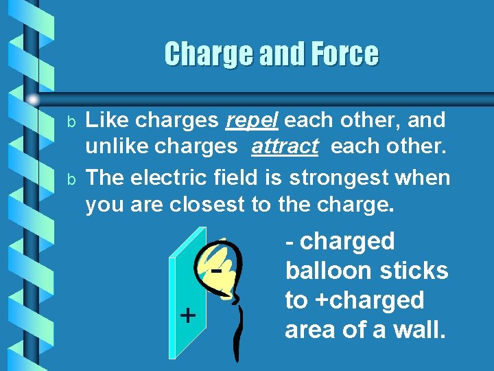 Charge and Force b b Like charges repel each other, and unlike charges attract