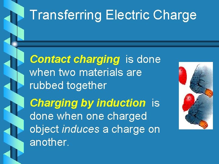 Transferring Electric Charge Contact charging is done when two materials are rubbed together Charging