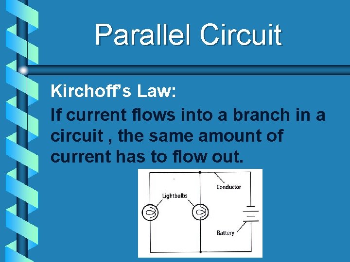 Parallel Circuit Kirchoff’s Law: If current flows into a branch in a circuit ,