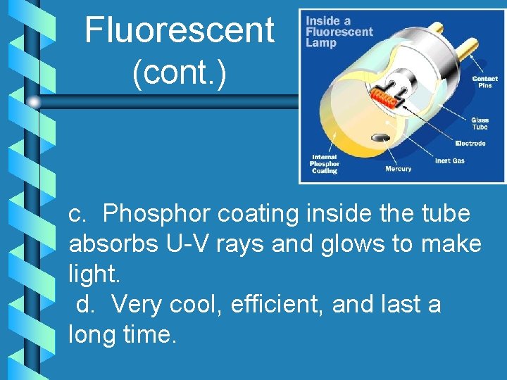 Fluorescent (cont. ) c. Phosphor coating inside the tube absorbs U-V rays and glows