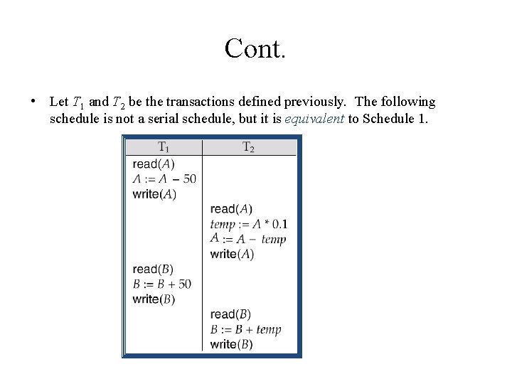 Cont. • Let T 1 and T 2 be the transactions defined previously. The