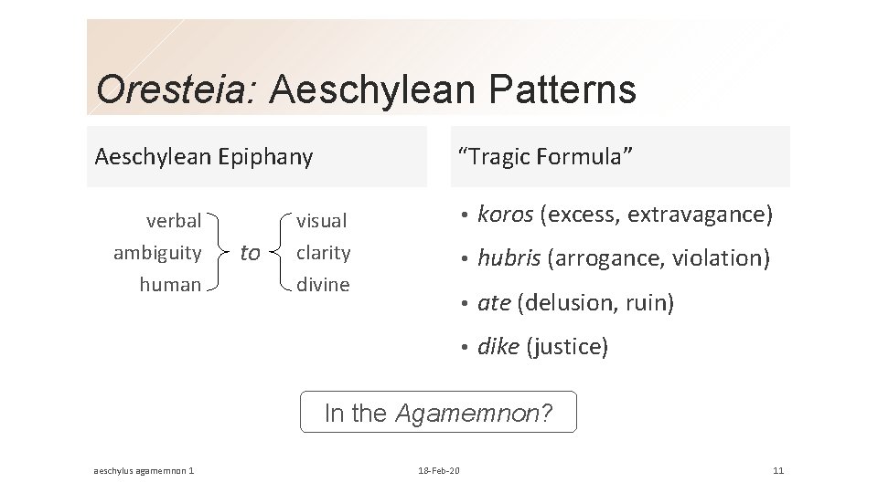 Oresteia: Aeschylean Patterns Aeschylean Epiphany verbal ambiguity human to “Tragic Formula” visual clarity divine