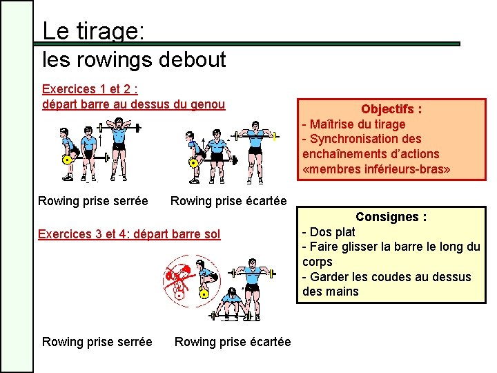 Le tirage: les rowings debout Exercices 1 et 2 : départ barre au dessus