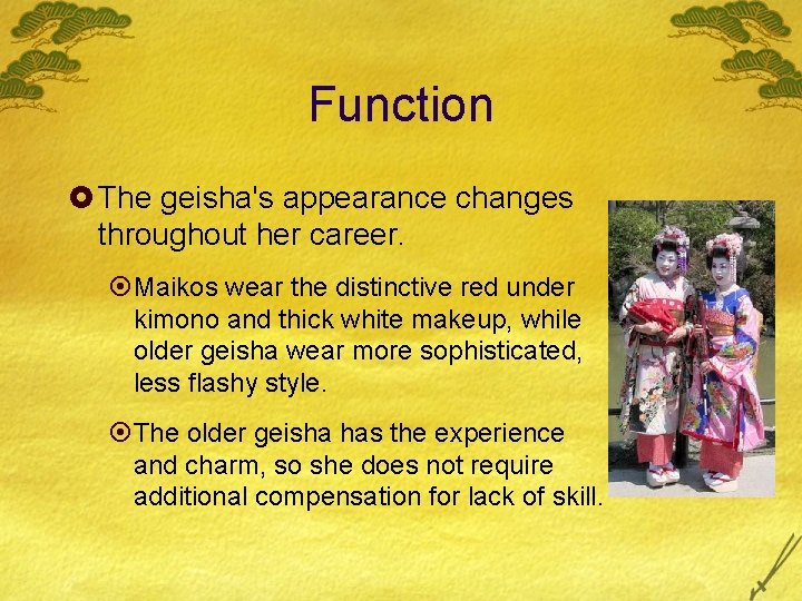 Function £ The geisha's appearance changes throughout her career. ¤Maikos wear the distinctive red