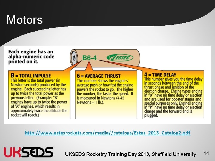 Motors http: //www. estesrockets. com/media//catalogs/Estes_2013_Catalog 2. pdf UKSEDS Rocketry Training Day 2013, Sheffield University Motors http: //www. estesrockets. com/media//catalogs/Estes_2013_Catalog 2. pdf UKSEDS Rocketry Training Day 2013, Sheffield University
