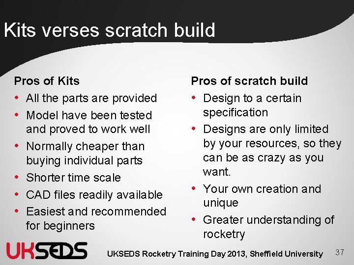 Kits verses scratch build Pros of Kits • All the parts are provided • Kits verses scratch build Pros of Kits • All the parts are provided •