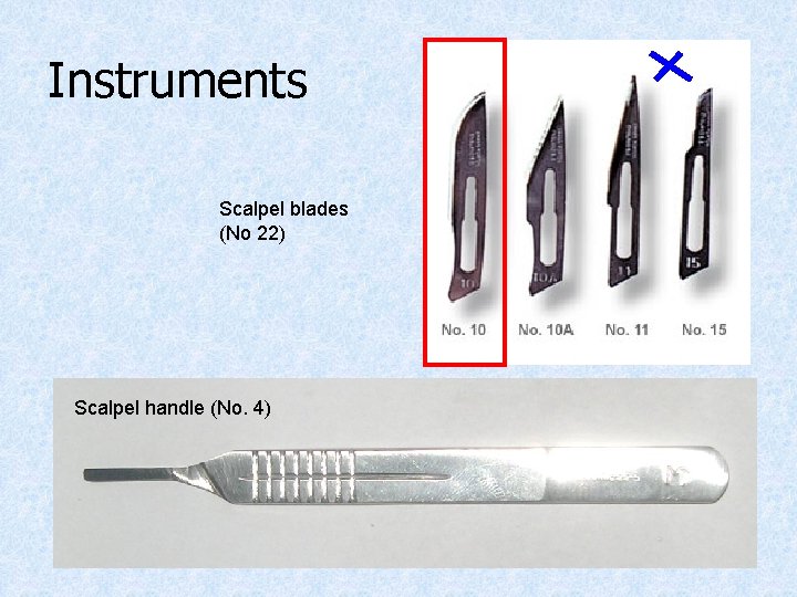 Instruments Scalpel blades (No 22) Scalpel handle (No. 4) 