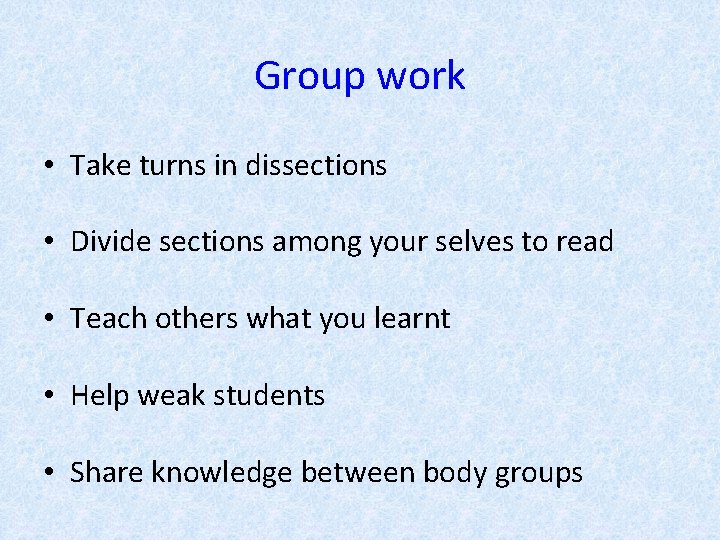 Group work • Take turns in dissections • Divide sections among your selves to