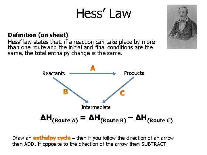 Hess’ Law Definition (on sheet) Hess’ law states that, if a reaction can take