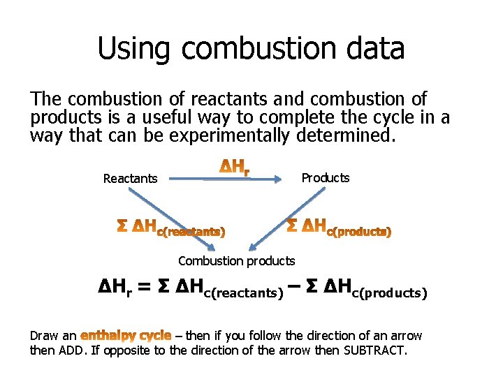 Using combustion data The combustion of reactants and combustion of products is a useful