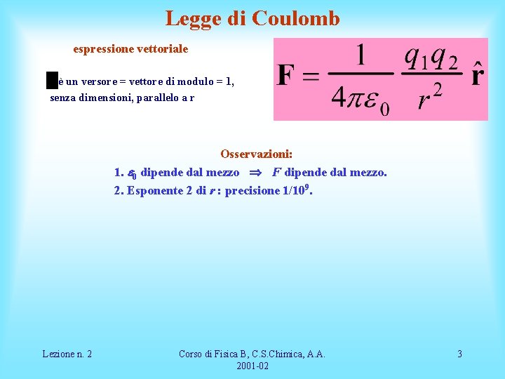 Legge di Coulomb espressione vettoriale è un versore = vettore di modulo = 1,