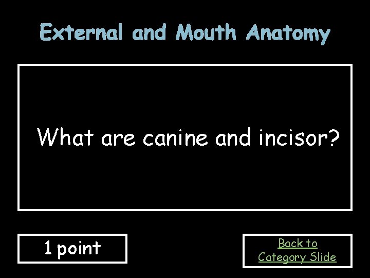 External and Mouth Anatomy What are canine and incisor? 1 point Back to Category