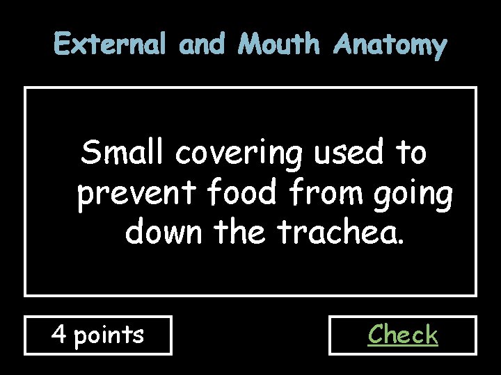 External and Mouth Anatomy Small covering used to prevent food from going down the