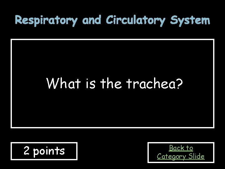 Respiratory and Circulatory System What is the trachea? 2 points Back to Category Slide
