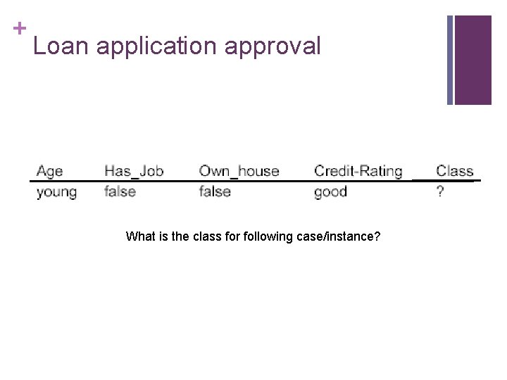 + Loan application approval What is the class for following case/instance? 