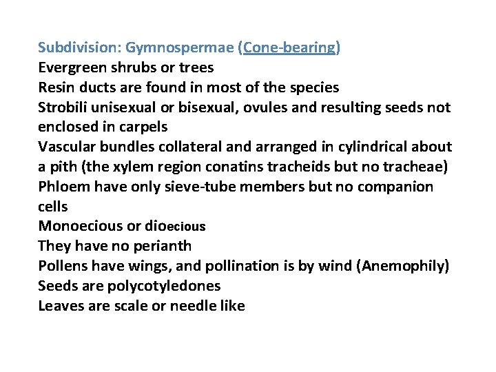 Subdivision: Gymnospermae (Cone-bearing) Evergreen shrubs or trees Resin ducts are found in most of