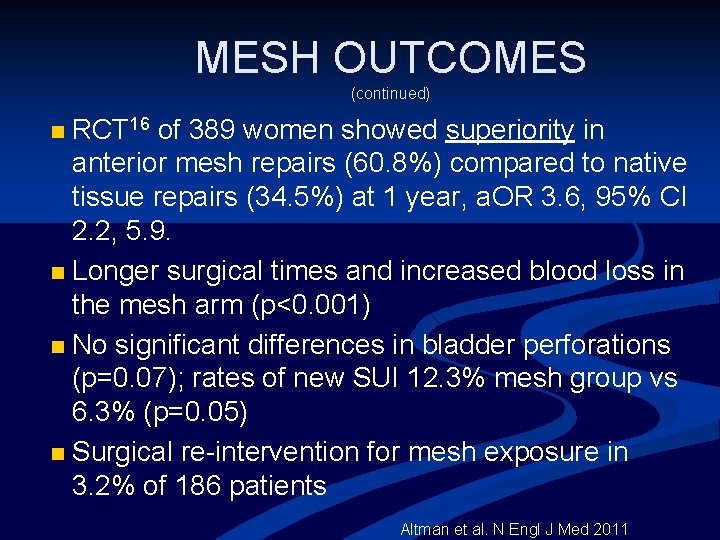 MESH OUTCOMES (continued) RCT 16 of 389 women showed superiority in anterior mesh repairs