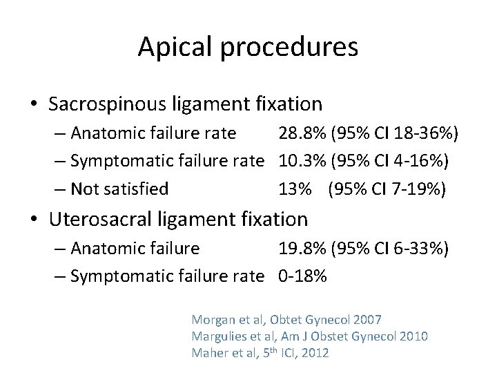 Apical procedures • Sacrospinous ligament fixation – Anatomic failure rate 28. 8% (95% CI