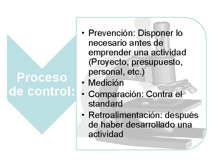 Proceso de control: • Prevención: Disponer lo necesario antes de emprender una actividad (Proyecto,