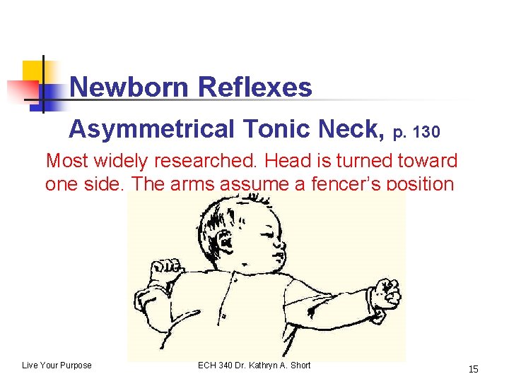 Newborn Reflexes Asymmetrical Tonic Neck, p. 130 Most widely researched. Head is turned toward