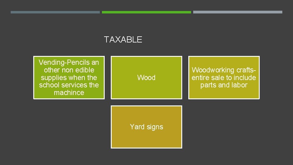 TAXABLE Vending-Pencils an other non edible supplies when the school services the machince Wood