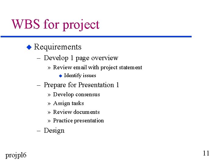 WBS for project u Requirements – Develop 1 page overview » Review email with