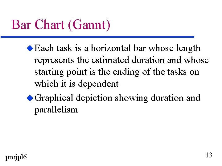 Bar Chart (Gannt) u Each task is a horizontal bar whose length represents the