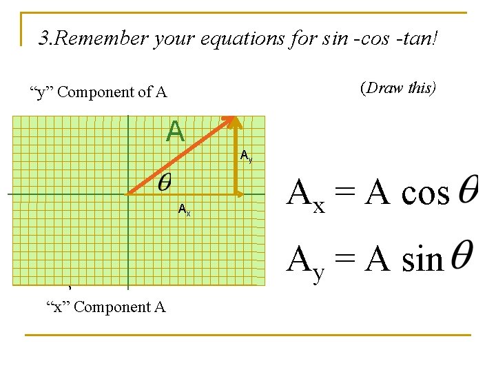 3. Remember your equations for sin -cos -tan! (Draw this) “y” Component of A