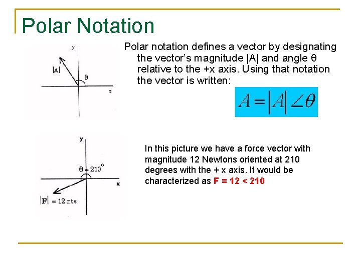 Polar Notation Polar notation defines a vector by designating the vector’s magnitude |A| and