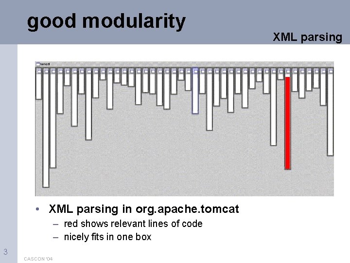 good modularity • XML parsing in org. apache. tomcat – red shows relevant lines