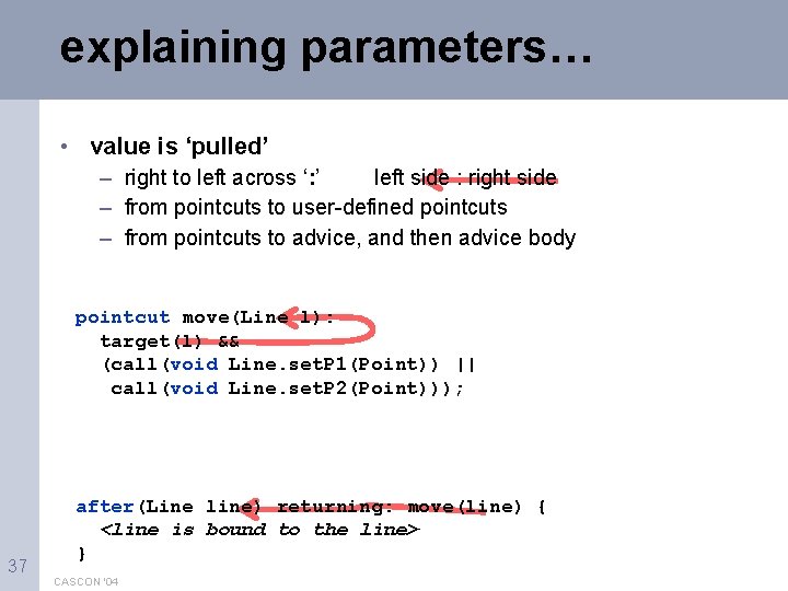 explaining parameters… • value is ‘pulled’ – right to left across ‘: ’ left
