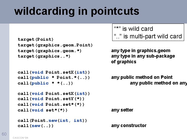 wildcarding in pointcuts target(Point) target(graphics. geom. *) target(graphics. . *) any type in graphics.