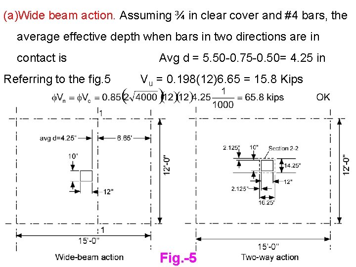 (a)Wide beam action. Assuming ¾ in clear cover and #4 bars, the average effective