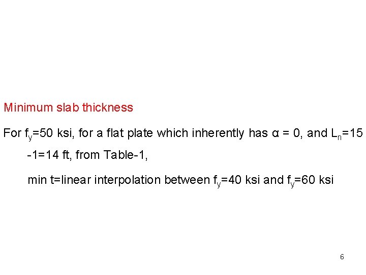 Minimum slab thickness For fy=50 ksi, for a flat plate which inherently has α