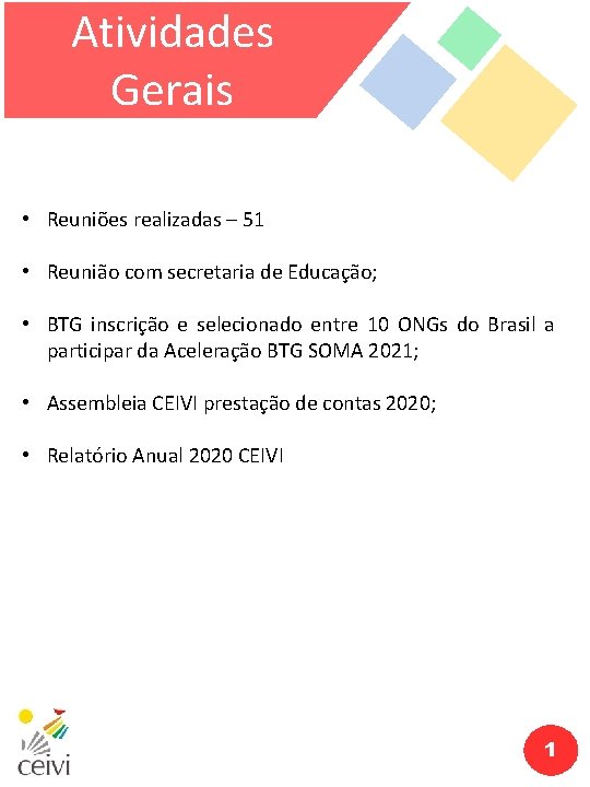 Atividades Gerais • Reuniões realizadas – 51 • Reunião com secretaria de Educação; •