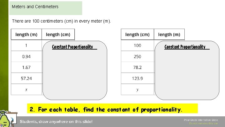 Meters and Centimeters There are 100 centimeters (cm) in every meter (m). Constant Proportionality Meters and Centimeters There are 100 centimeters (cm) in every meter (m). Constant Proportionality
