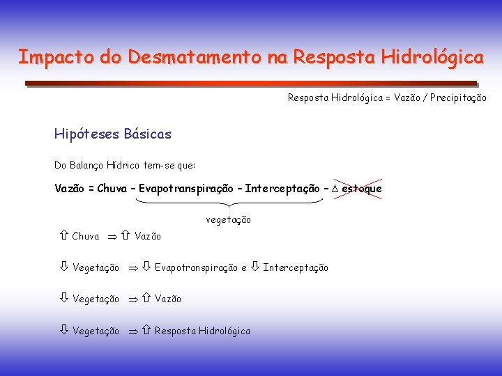 Impacto do Desmatamento na Resposta Hidrológica = Vazão / Precipitação Hipóteses Básicas Do Balanço