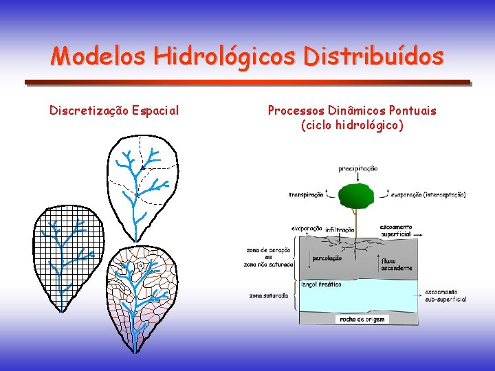 Modelos Hidrológicos Distribuídos Discretização Espacial Processos Dinâmicos Pontuais (ciclo hidrológico) 