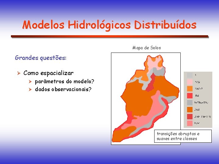 Modelos Hidrológicos Distribuídos Mapa de Solos Grandes questões: Ø Como espacializar parâmetros do modelo?