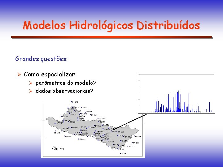 Modelos Hidrológicos Distribuídos Grandes questões: Ø Como espacializar parâmetros do modelo? Ø dados observacionais?