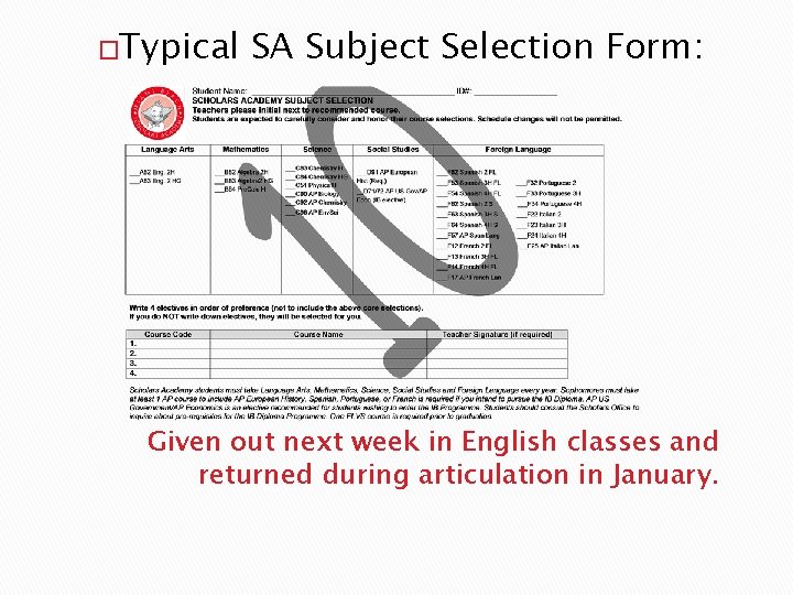 �Typical SA Subject Selection Form: Given out next week in English classes and returned