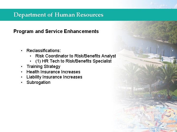Department of Human Resources Program and Service Enhancements • Reclassifications: • Risk Coordinator to