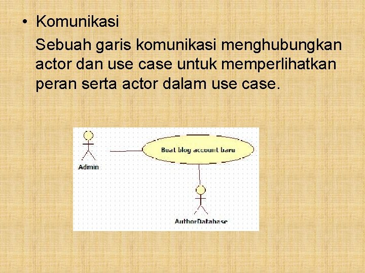  • Komunikasi Sebuah garis komunikasi menghubungkan actor dan use case untuk memperlihatkan peran