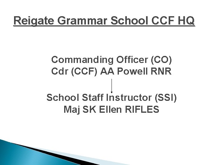 Reigate Grammar School CCF HQ Commanding Officer (CO) Cdr (CCF) AA Powell RNR School