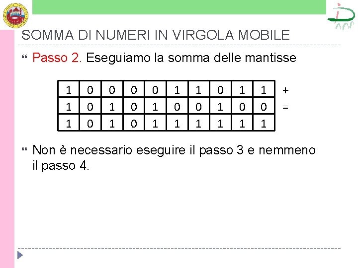 SOMMA DI NUMERI IN VIRGOLA MOBILE Passo 2. Eseguiamo la somma delle mantisse 1