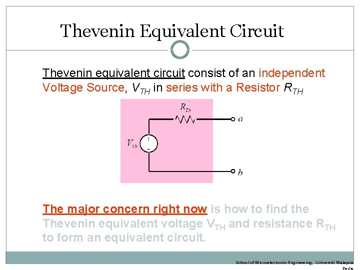 Thevenin Equivalent Circuit Thevenin equivalent circuit consist of an independent Voltage Source, VTH in