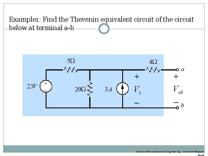 Example 1: Find the Thevenin equivalent circuit of the circuit below at terminal a-b