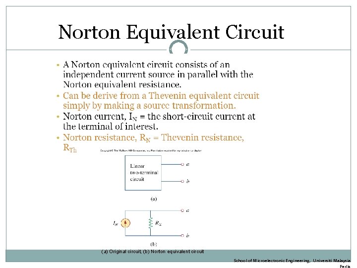 Norton Equivalent Circuit (a) Original circuit, (b) Norton equivalent circuit School of Microelectronic Engineering,